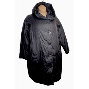 Eileen Fisher Long Black Down Puffer Cocoon Coat with Hood XL Button Down